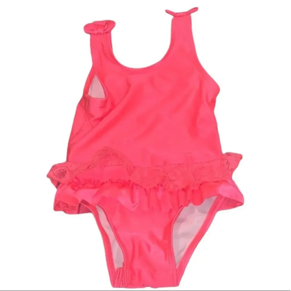 Neon pink one piece swimsuit w/ lace ruffle skirt and bows snaps 9 month